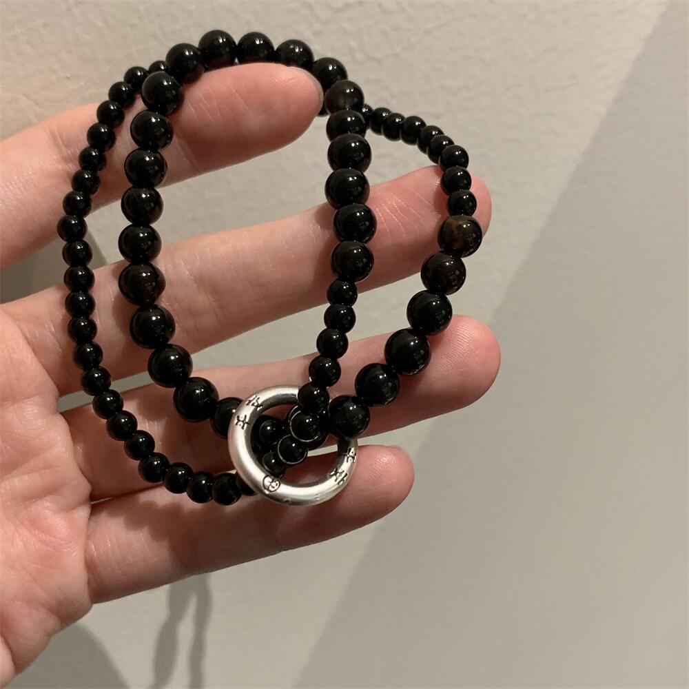 Lucky Carp & Peace Bead Double Rings Obsidian Agate Bracelet - Image 3