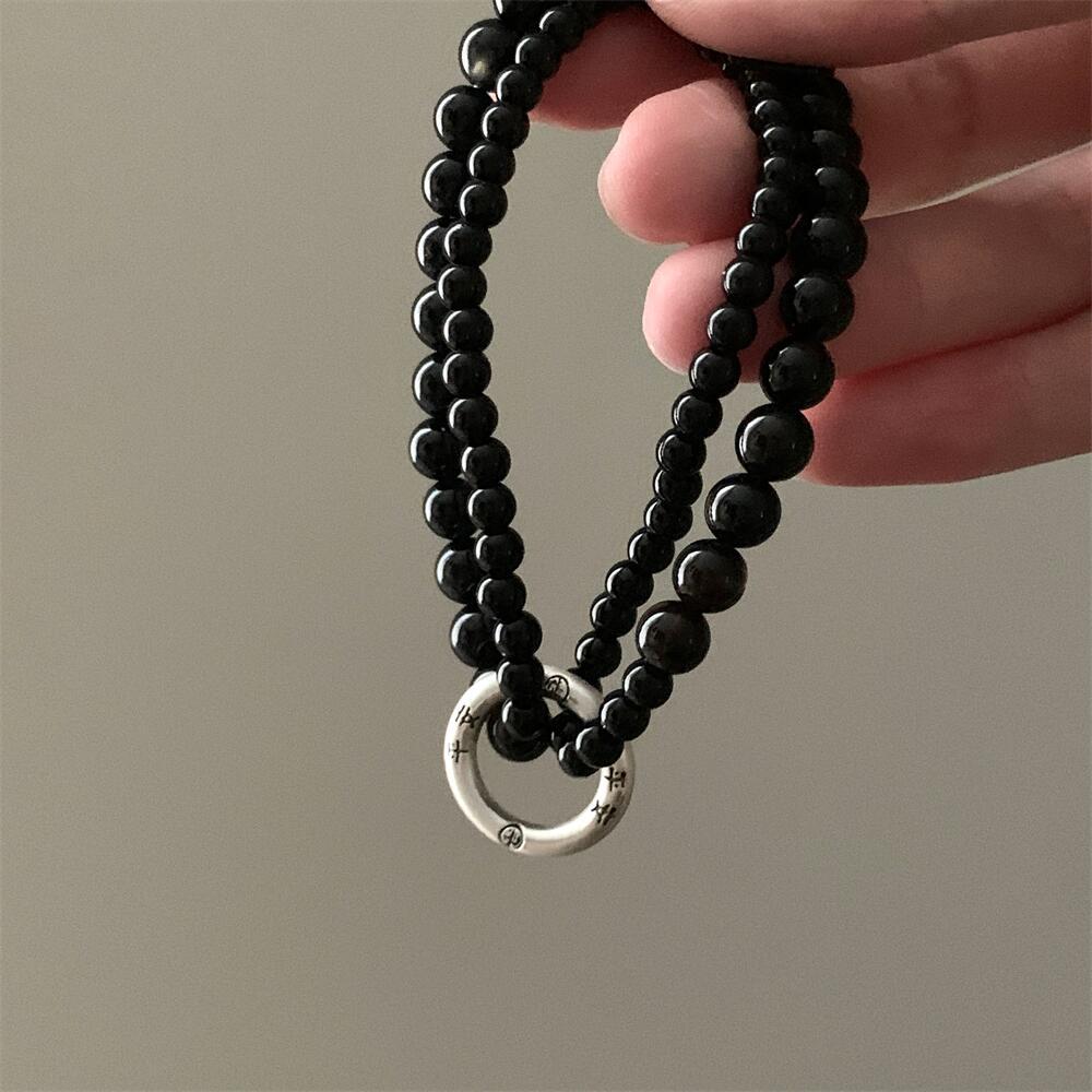 Lucky Carp & Peace Bead Double Rings Obsidian Agate Bracelet