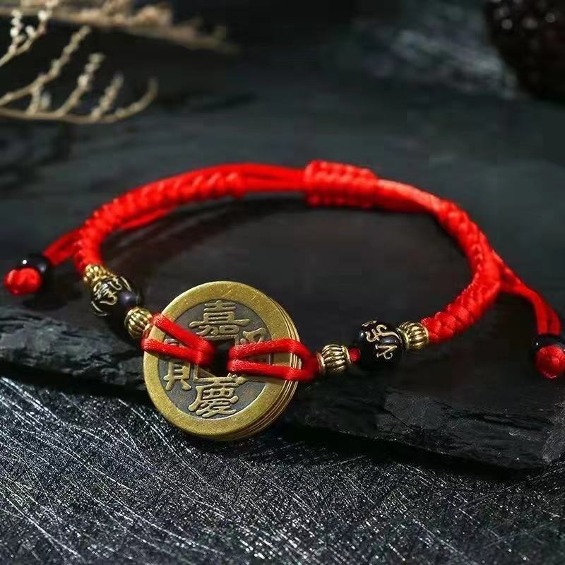 Unisex Pure Copper Five Emperors Coins Woven Vajra Knot Bracelet - Image 3