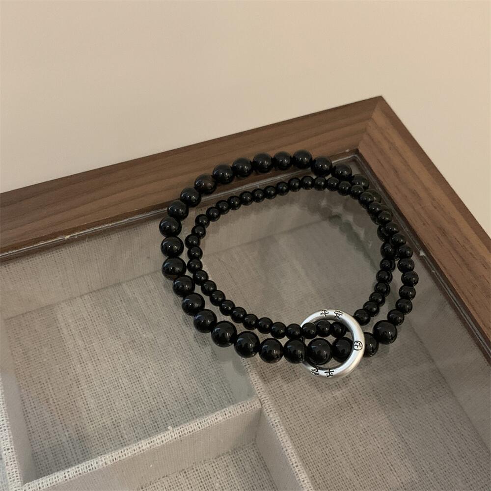 Lucky Carp & Peace Bead Double Rings Obsidian Agate Bracelet - Image 5