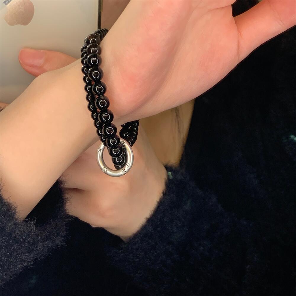 Lucky Carp & Peace Bead Double Rings Obsidian Agate Bracelet - Image 4